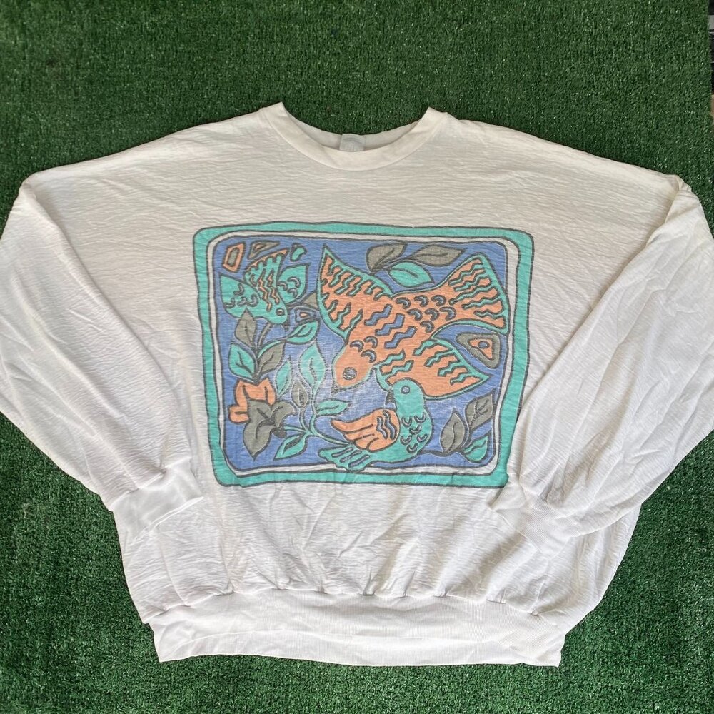 Vintage 80s Birds Artwork Crewneck Sweatshirt White XL Wildlife Nature Cottage